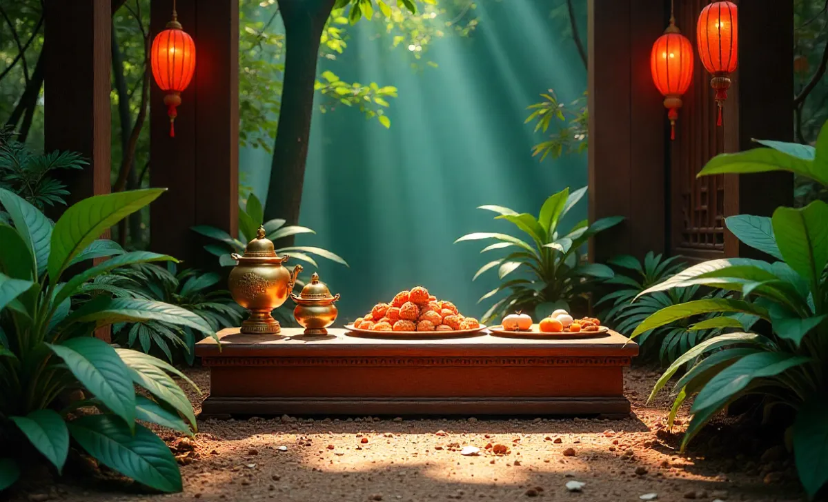 Traditional Vietnamese altar with incense and forest backdrop, symbolizing đeman’s cultural and eco-friendly travel meanings.