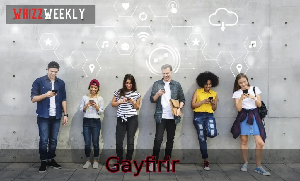Group of diverse youths with smartphones symbolizing Gayfirir and digital LGBTQ+ community connection in 2025.