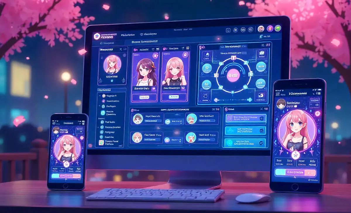 Hentquz anime quiz platform dashboard with vibrant anime characters and quiz interface