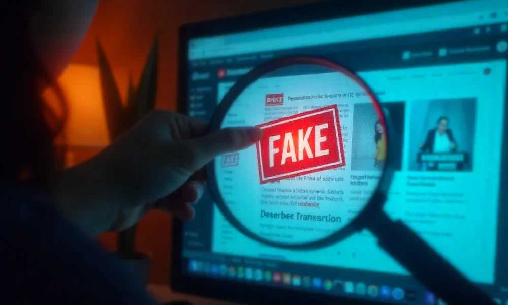 Person fact-checking Husziaromntixretos misinformation on computer screen with warning symbols and magnifying glass