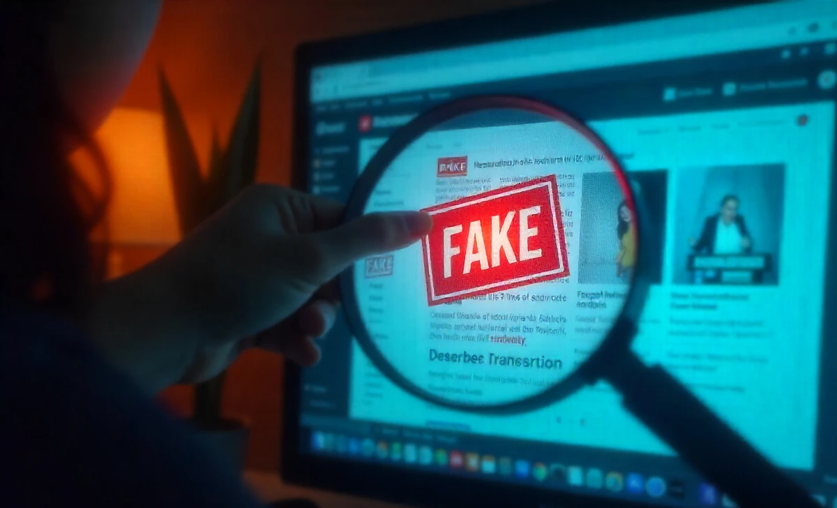 Person fact-checking Husziaromntixretos misinformation on computer screen with warning symbols and magnifying glass