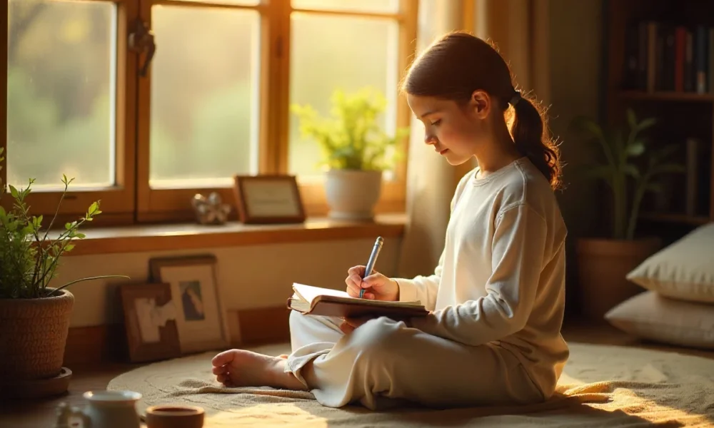 Young person practicing Jememôtre by journaling in cozy space with cultural artifacts and natural morning light