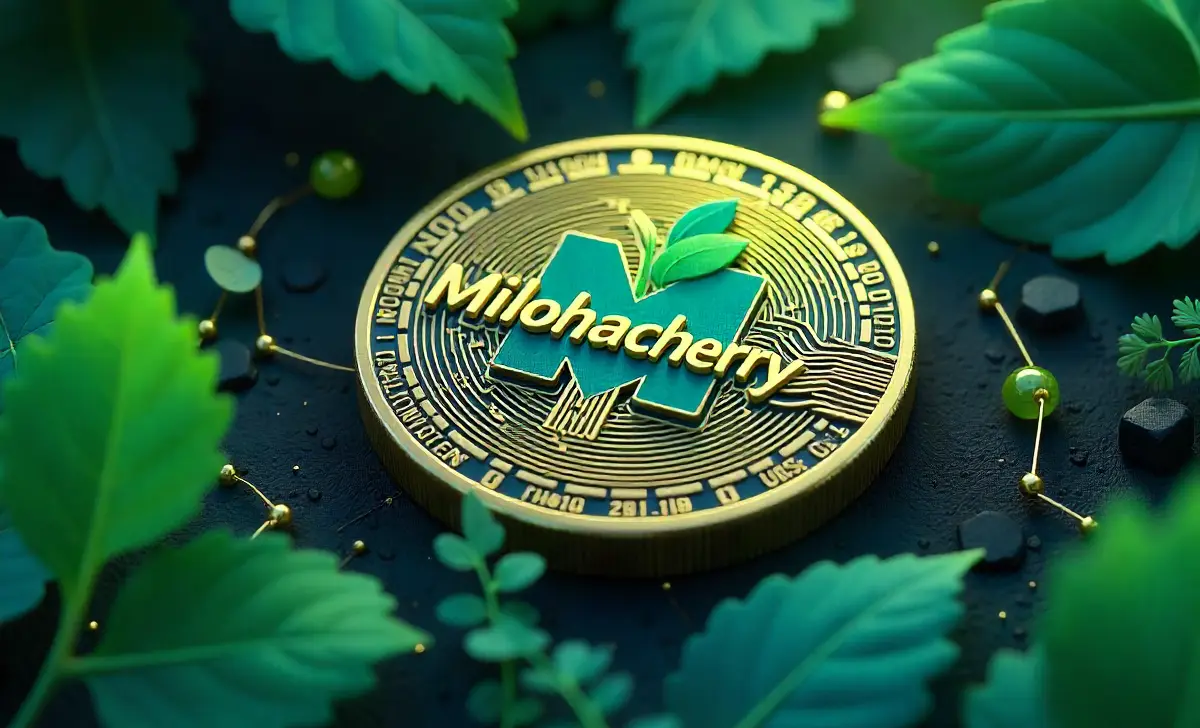 Milohacherry Coin cryptocurrency illustration with eco-friendly blockchain technology and sustainability symbols
