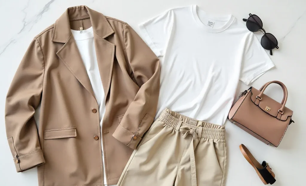 Trending Picks from Dolagim Jelpak 2025 fashion pieces - oversized jackets, neutral co-ords, accessories flat lay