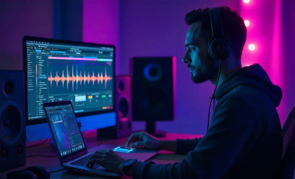 RemixPapa MSW interface on laptop screen with headphones, MIDI controller, professional music production setup