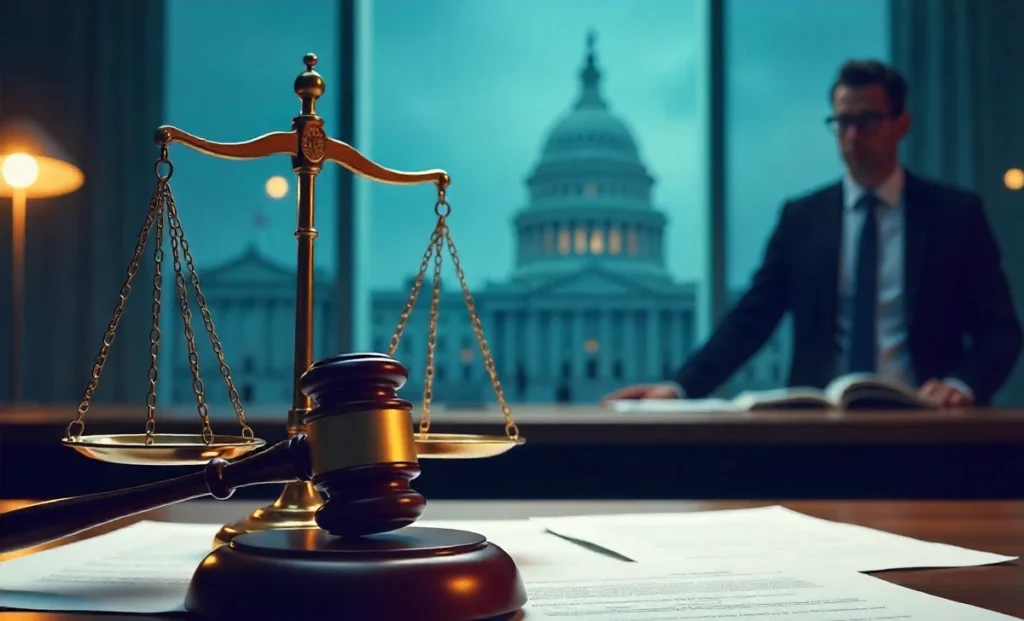 Rowdy Oxford lawsuit legal courtroom scene with scales of justice gavel documents representing defense industry litigation