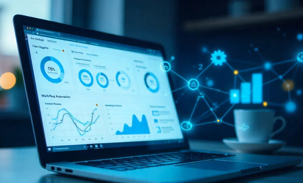 SimpCit6 workflow automation platform dashboard displaying integration features, productivity charts, and business process tools