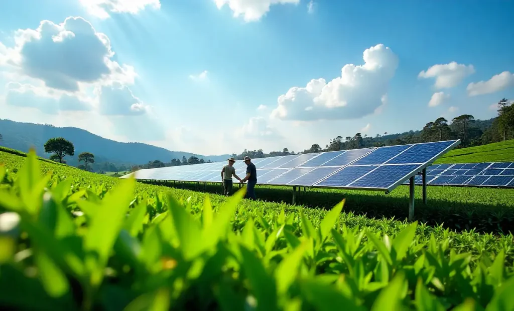Solar panels tea passage agrivoltaic system above green tea plantation rows generating renewable energy sustainably