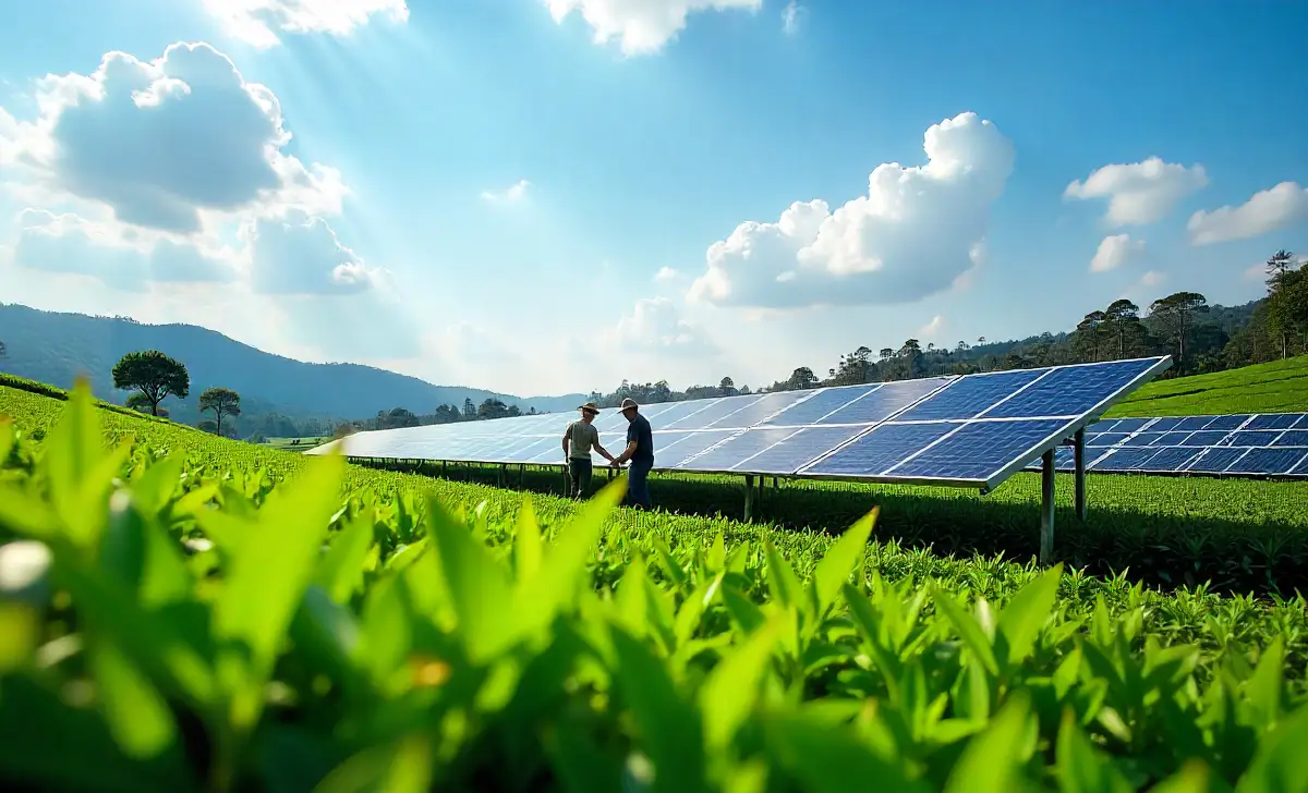 Solar panels tea passage agrivoltaic system above green tea plantation rows generating renewable energy sustainably