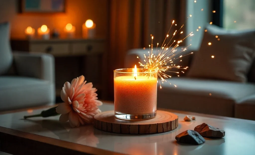 Sparkspitter Candles creating magical sparks while burning on elegant table in modern home interior decor