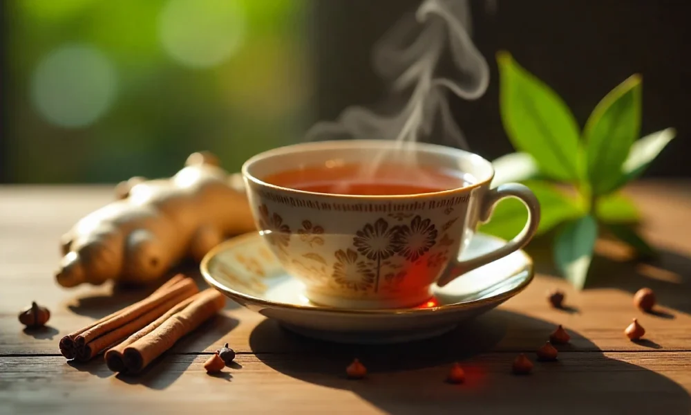 How Can Thaichai6 Improve Your Overall Health Naturally? Thaichai6 herbal tea cup with ginger, cinnamon, cardamom spices on wooden table for natural wellness support