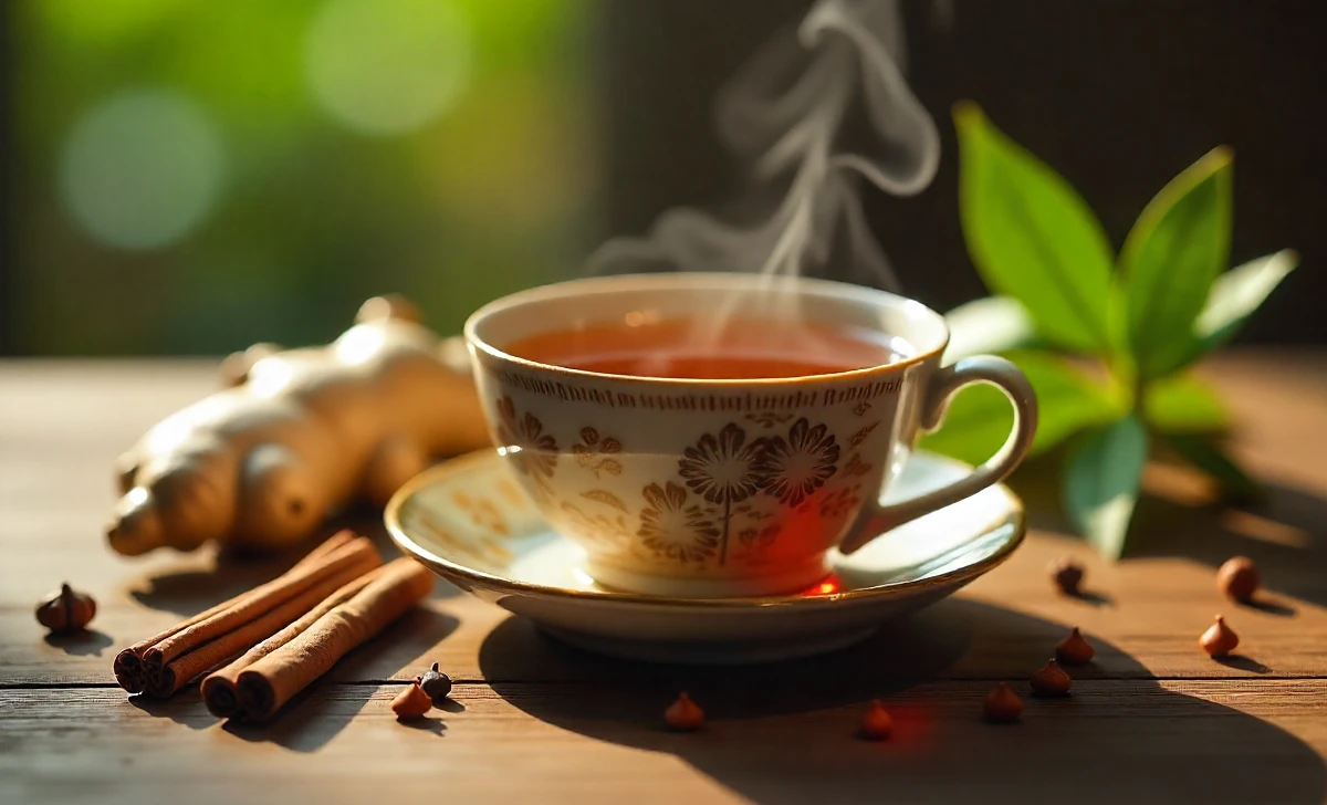 Thaichai6 herbal tea cup with ginger, cinnamon, cardamom spices on wooden table for natural wellness support