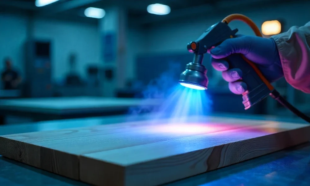 UVLACK UV coating application in modern manufacturing facility showing instant curing technology and glossy finish
