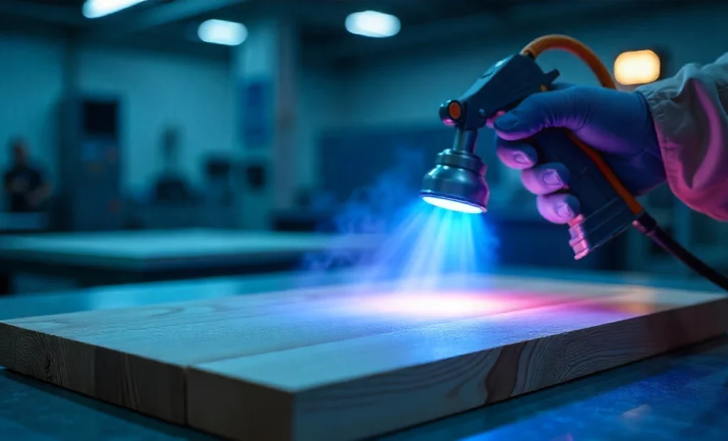 UVLACK UV coating application in modern manufacturing facility showing instant curing technology and glossy finish