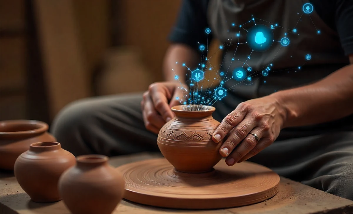 Traditional Uncuymaza pottery craftsman shaping clay with digital innovation elements in cultural heritage setting