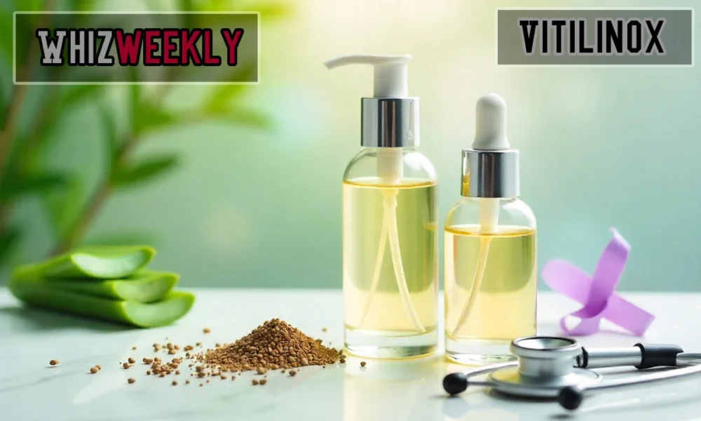 Vitilinox natural vitiligo treatment products with herbal ingredients arranged on white medical surface
