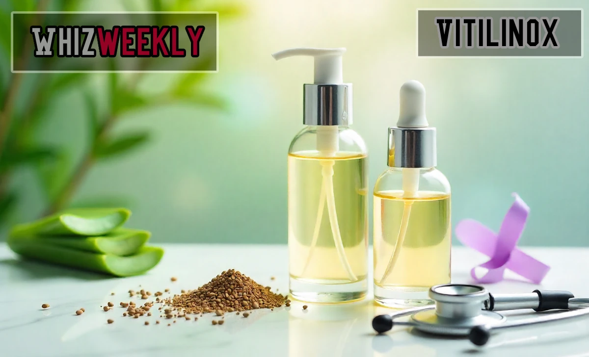 Vitilinox natural vitiligo treatment products with herbal ingredients arranged on white medical surface