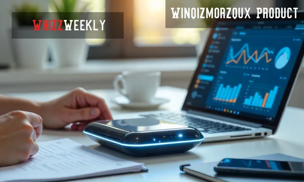Professional using Winqizmorzqux Product at modern workspace with productivity charts displayed on laptop screen