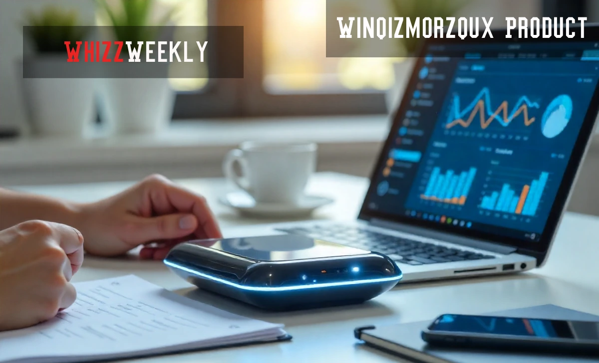 Professional using Winqizmorzqux Product at modern workspace with productivity charts displayed on laptop screen