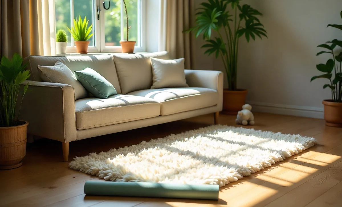 Natural wool Wollmatten rug, hand-tufted, eco-friendly and insulating for sustainable home comfort.