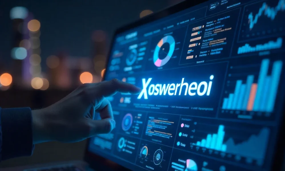 Xoswerheoi 2025 digital dashboard with neon charts and abstract tech network, symbolizing predictive analytics innovation.