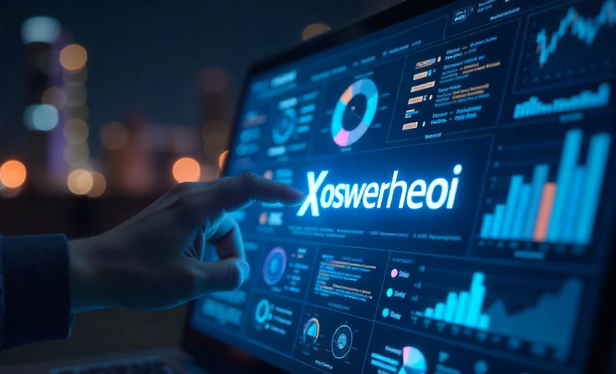 Xoswerheoi 2025 digital dashboard with neon charts and abstract tech network, symbolizing predictive analytics innovation.
