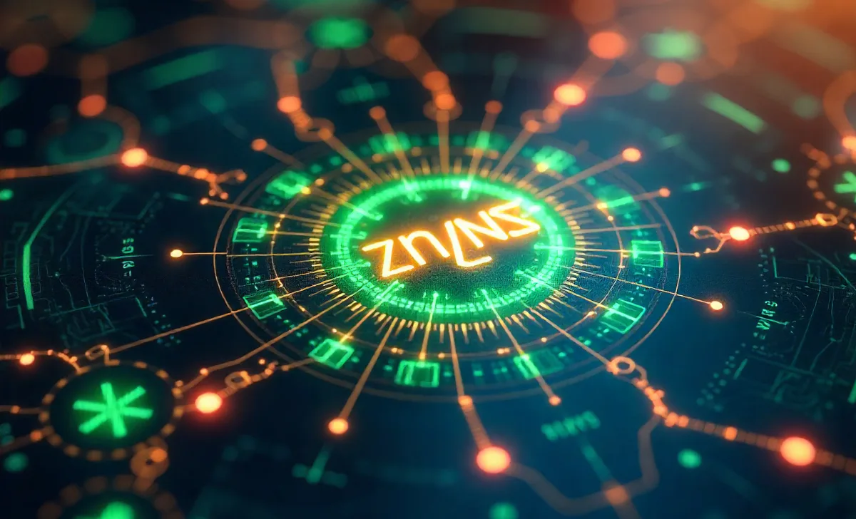 Digital interface of Znxnz’s decentralized AI, featuring neural networks and eco-friendly tech in a futuristic design.