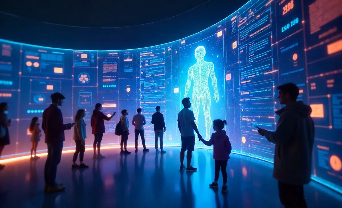 Diverse people interacting with Zooskooñ holographic AI interface showing digital innovation and human-centered design