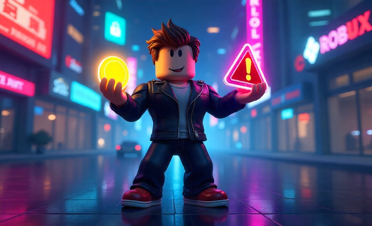 Roblox avatar exploring irobux.com redeem with Robux coin and warning sign in neon gaming world