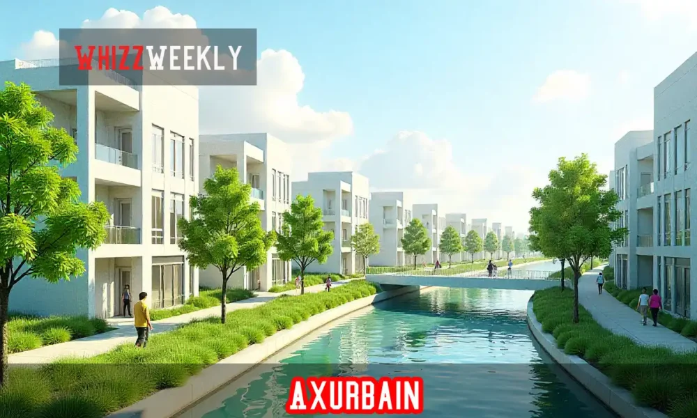 Modern Axurbain smart city with green roofs, bike lanes, solar panels, and pedestrians in sustainable urban environment