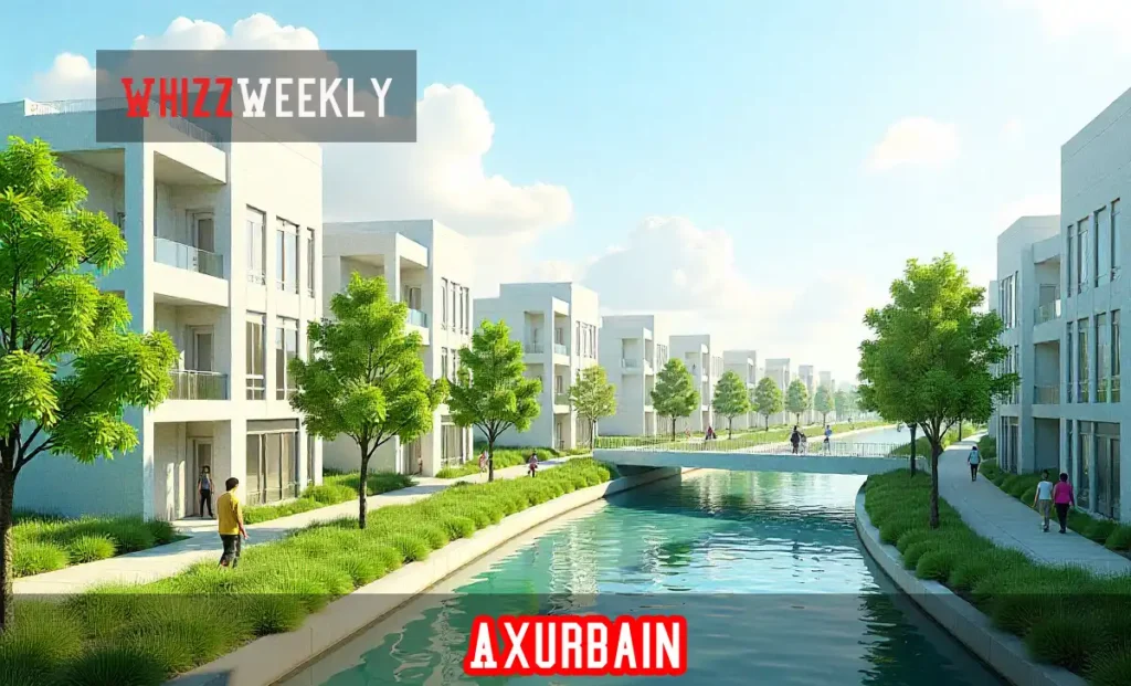 Modern Axurbain smart city with green roofs, bike lanes, solar panels, and pedestrians in sustainable urban environment
