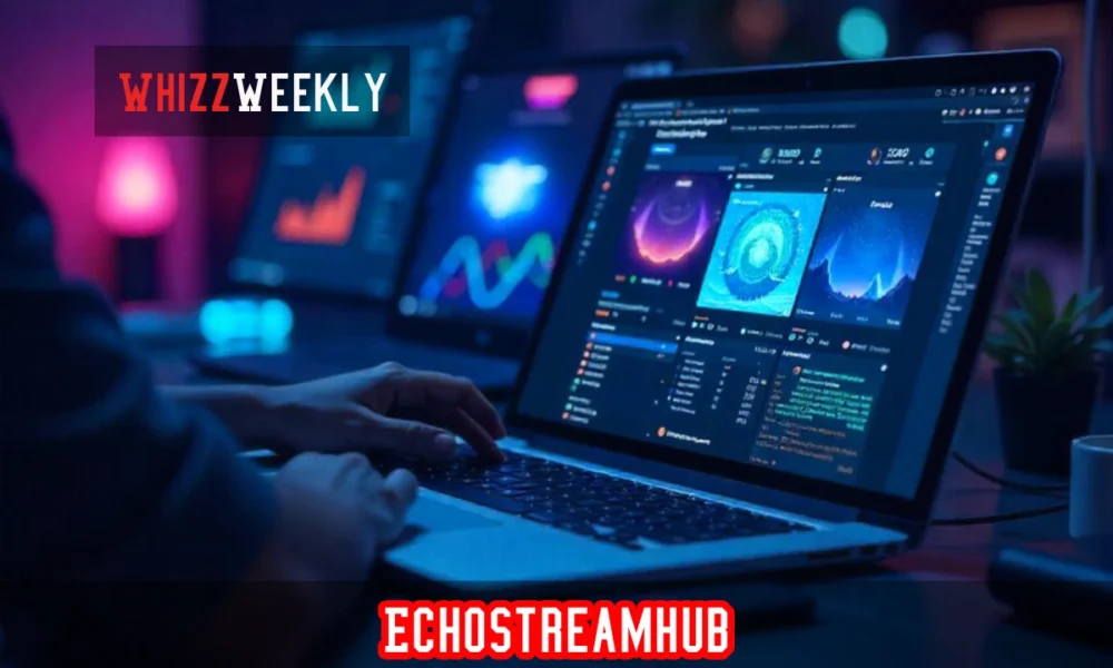 Dashboard of Echostreamhub displaying multi-device streaming, AI analytics, and secure data flow visualization.