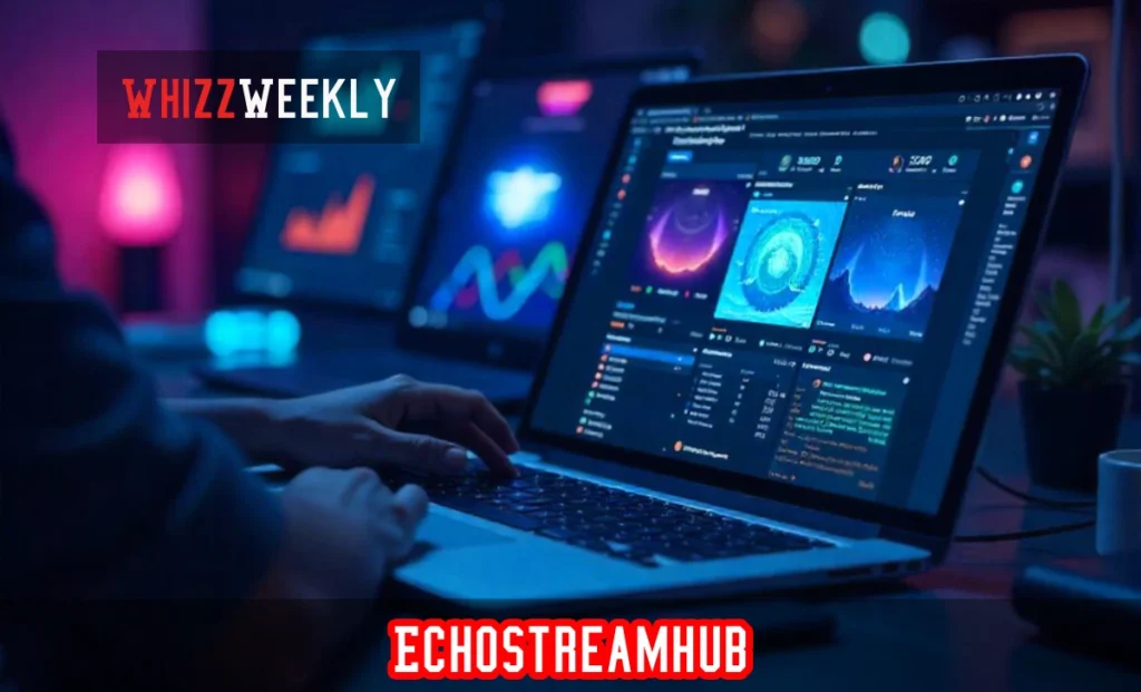 Dashboard of Echostreamhub displaying multi-device streaming, AI analytics, and secure data flow visualization.