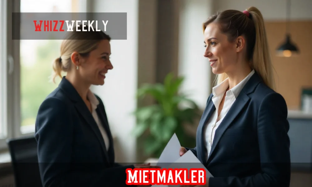 German Mietmakler rental broker helping tenant sign apartment lease agreement with landlord in modern office setting