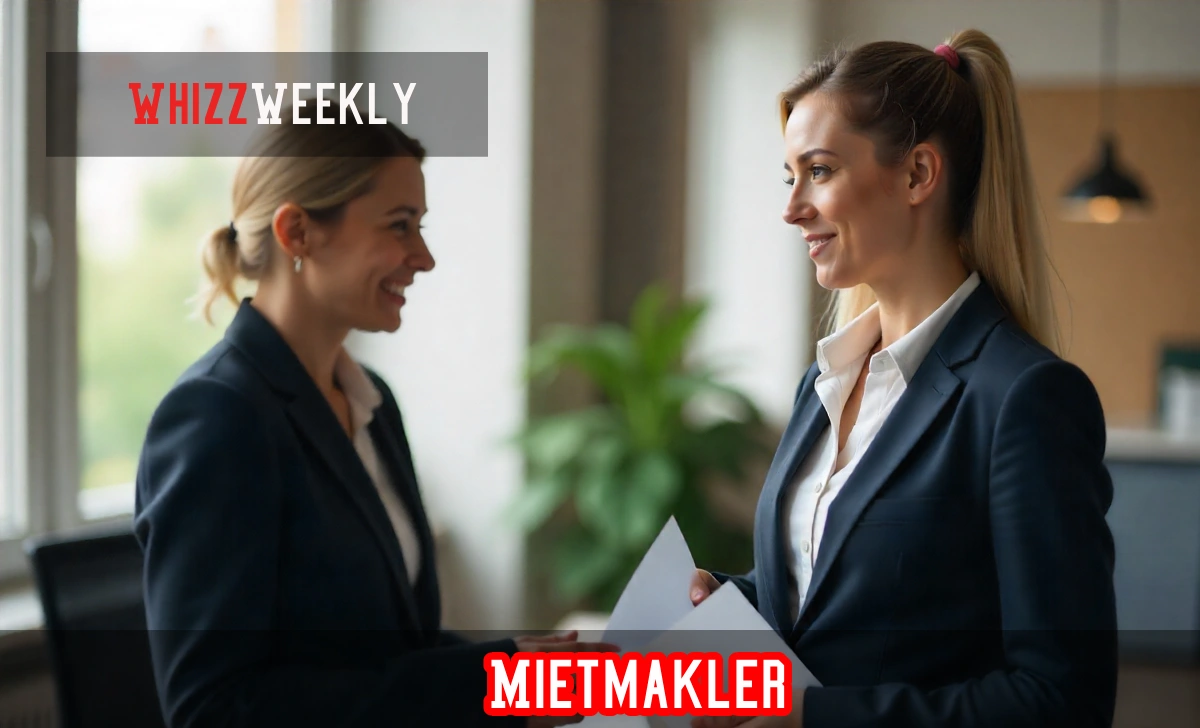 German Mietmakler rental broker helping tenant sign apartment lease agreement with landlord in modern office setting