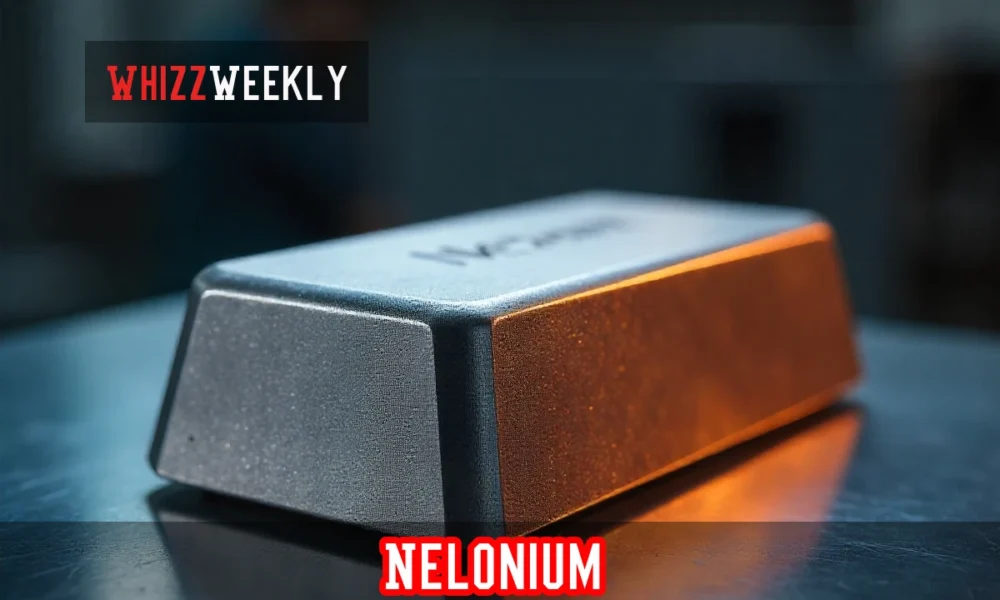 Nelonium advanced synthetic alloy material sample showing metallic surface in aerospace manufacturing facility