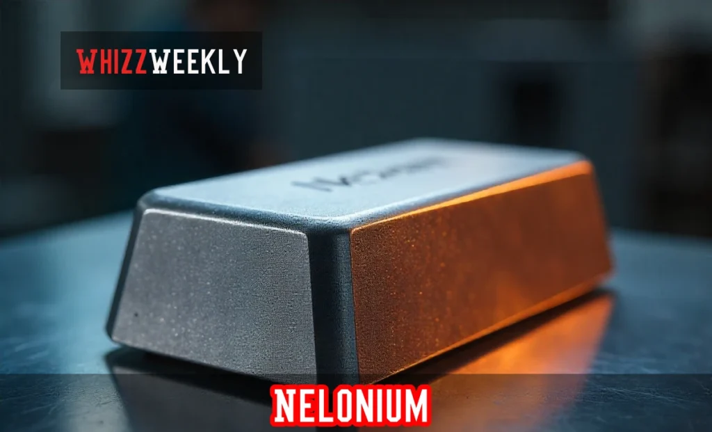 Nelonium advanced synthetic alloy material sample showing metallic surface in aerospace manufacturing facility