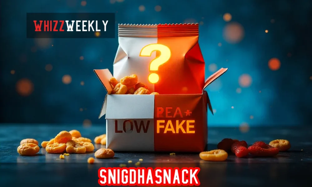 Magnifying glass examining Snigdhasnack search results showing verification symbols and fake brand warning signs