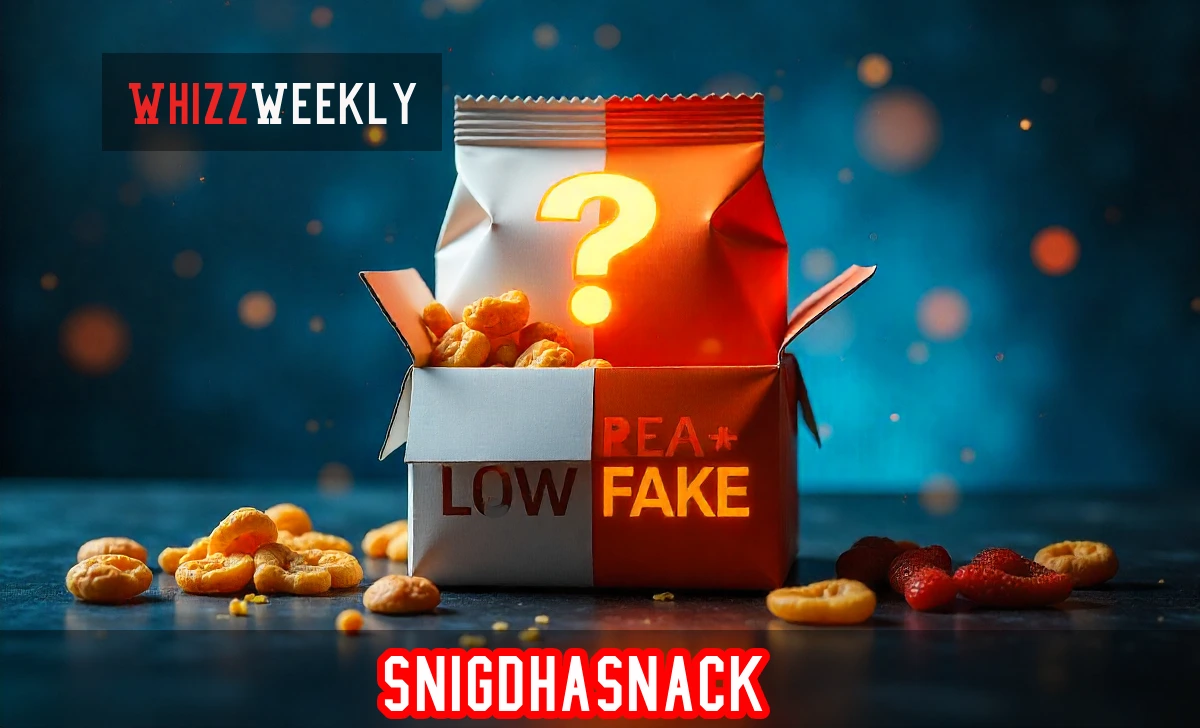 Magnifying glass examining Snigdhasnack search results showing verification symbols and fake brand warning signs