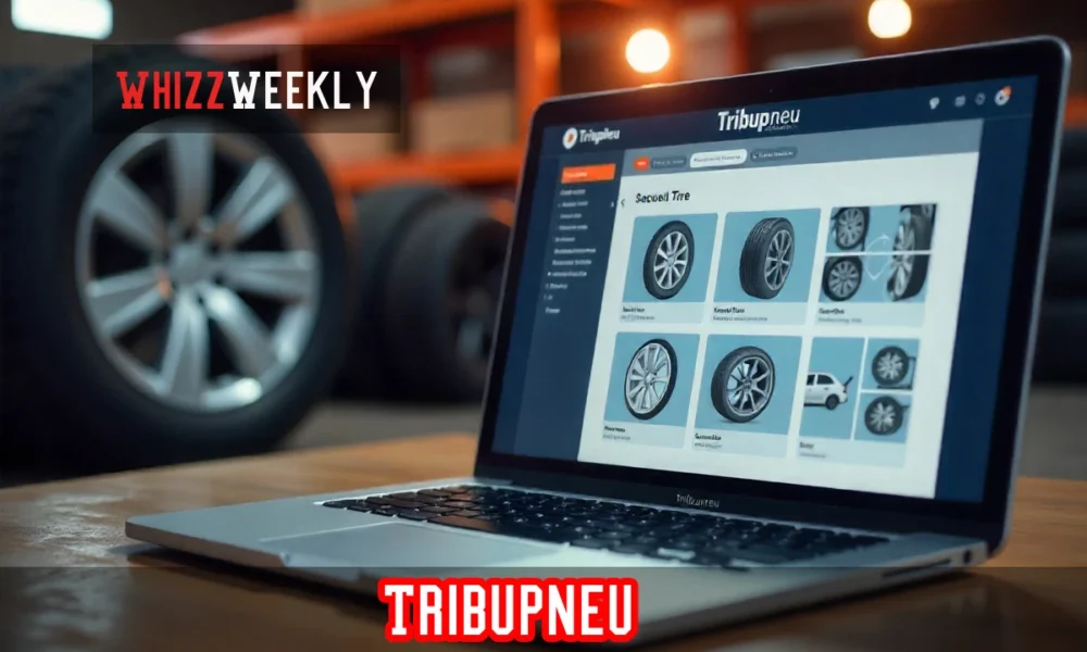 Tribupneu online tire marketplace platform showing laptop with tire selection and local vendor connection interface