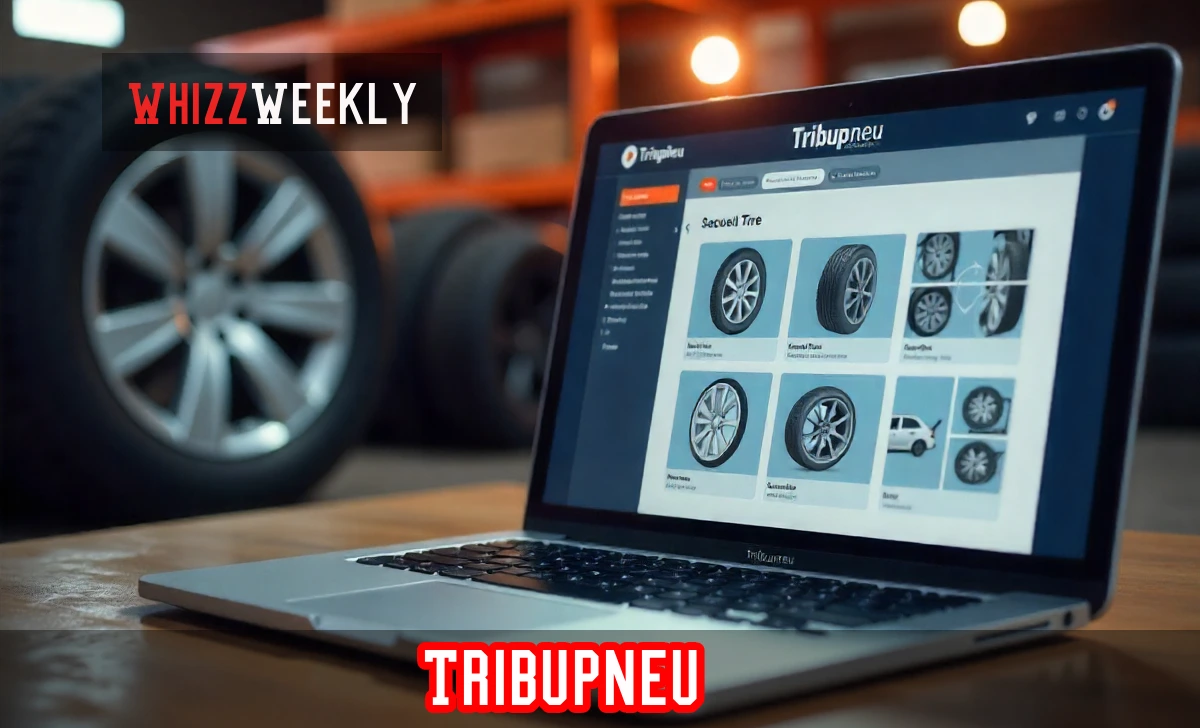 Tribupneu online tire marketplace platform showing laptop with tire selection and local vendor connection interface