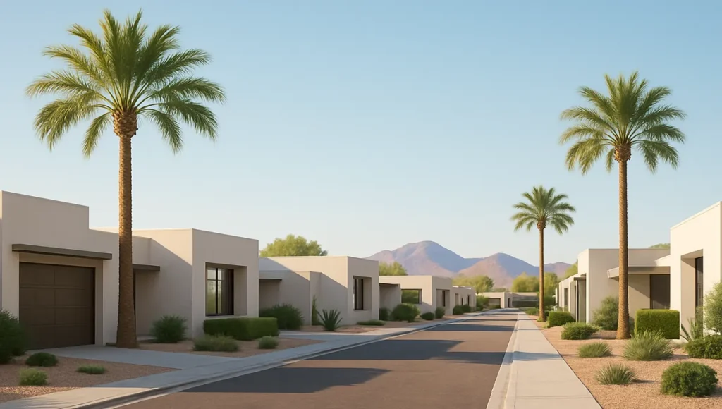 A sunny Scottsdale neighborhood with palm trees, modern homes, and mountain views.