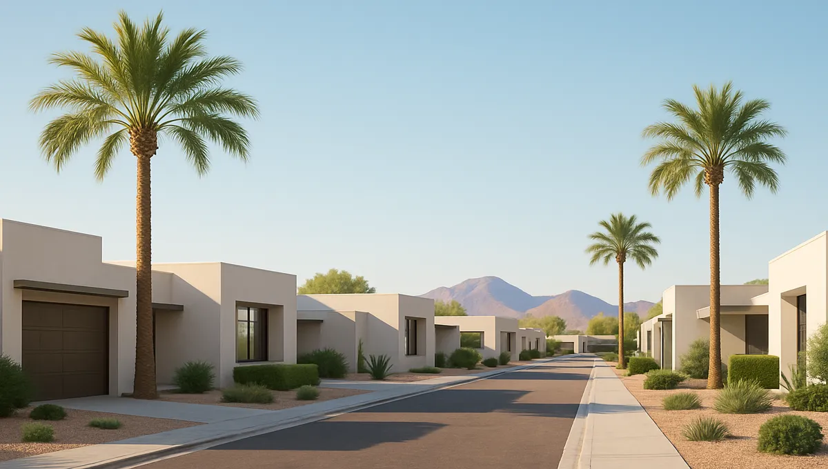A sunny Scottsdale neighborhood with palm trees, modern homes, and mountain views.