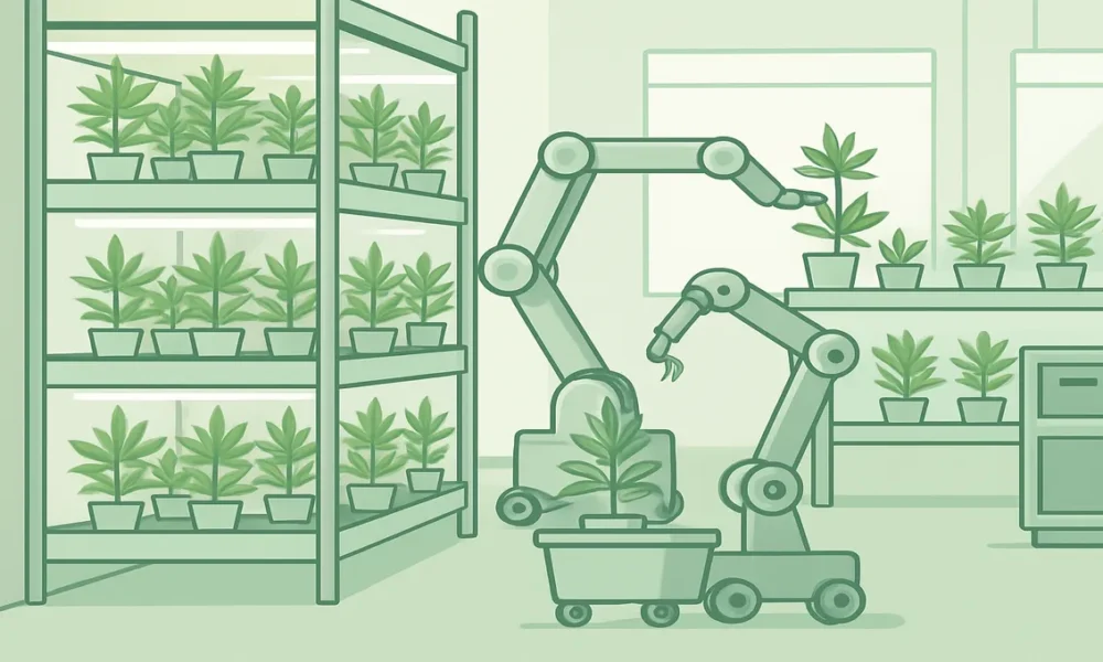Cannabis cultivation and processing facility with automated systems and organized workflow.