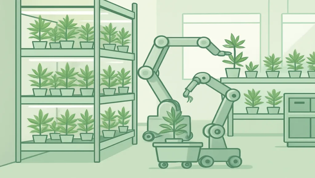 Cannabis cultivation and processing facility with automated systems and organized workflow.