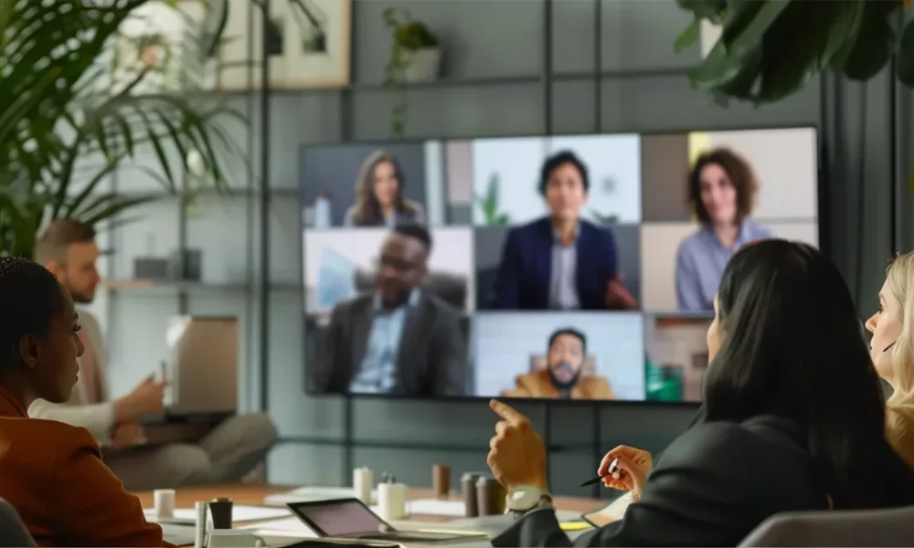 A Group of professionals in a modern office engages in a hybrid meeting, demonstrating knowledge management supported by digital communication platforms.