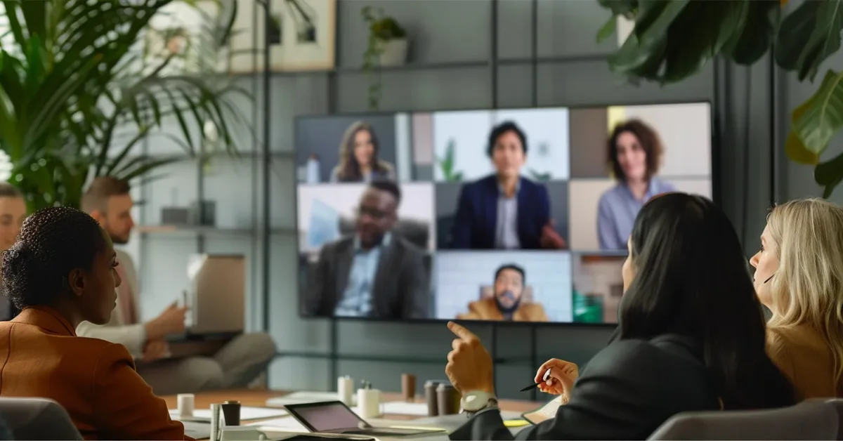 A Group of professionals in a modern office engages in a hybrid meeting, demonstrating knowledge management supported by digital communication platforms.