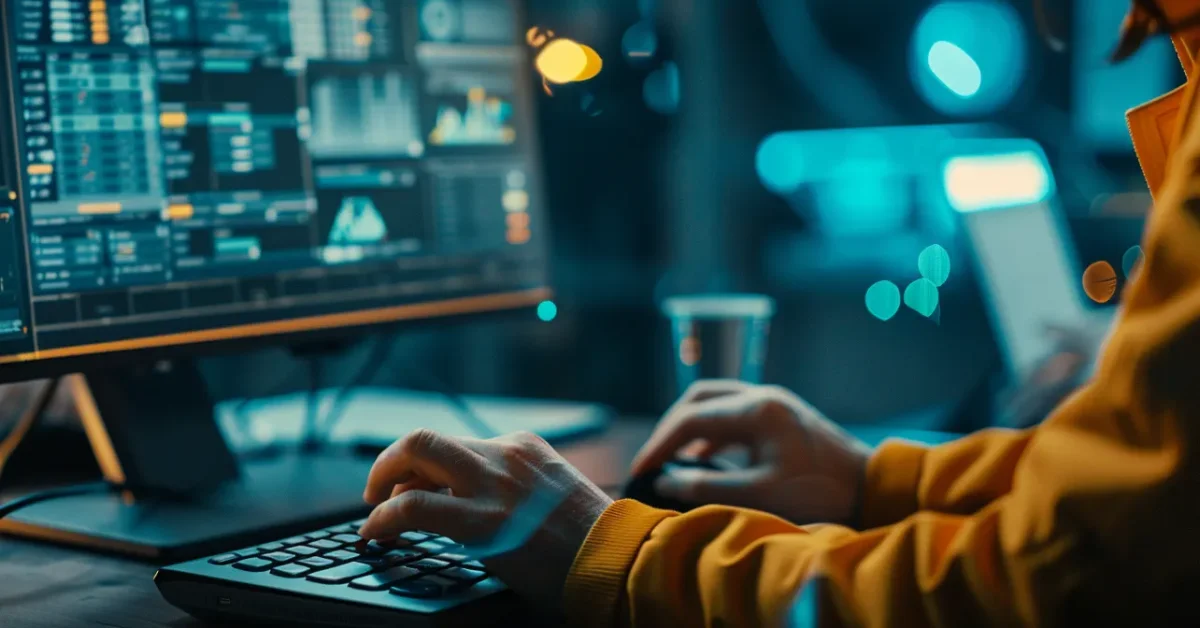 Person engaged with complex data visualizations and dashboards, representing knowledge management leveraging advanced digital systems.