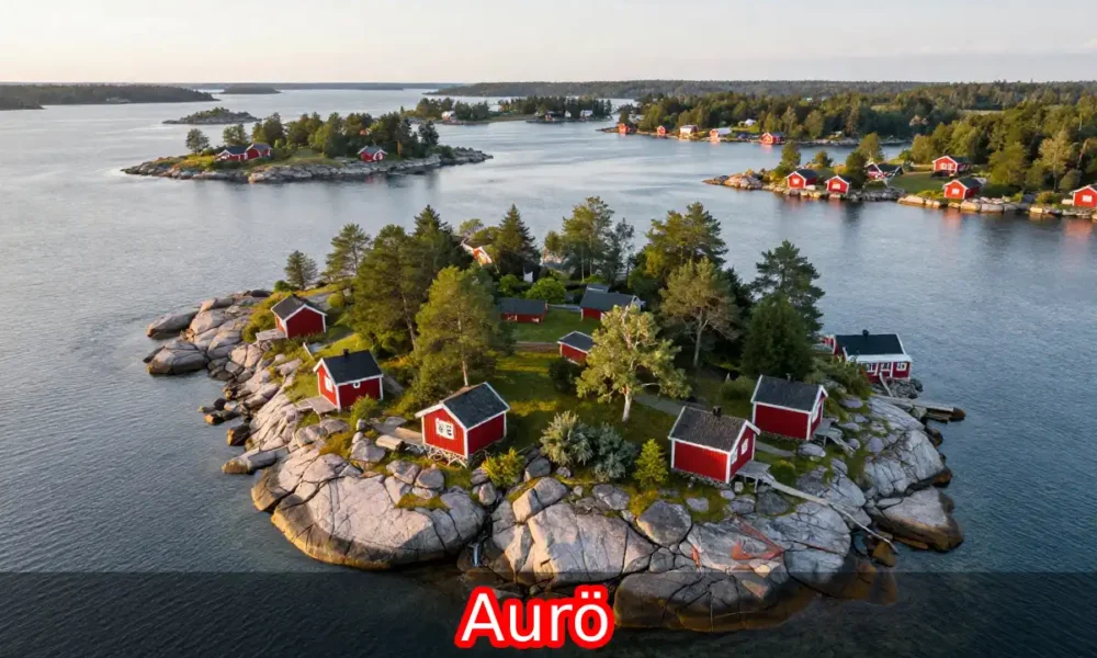 Aerial view of Aurö, a small Swedish archipelago island with red cottages and rocky Baltic coastline.