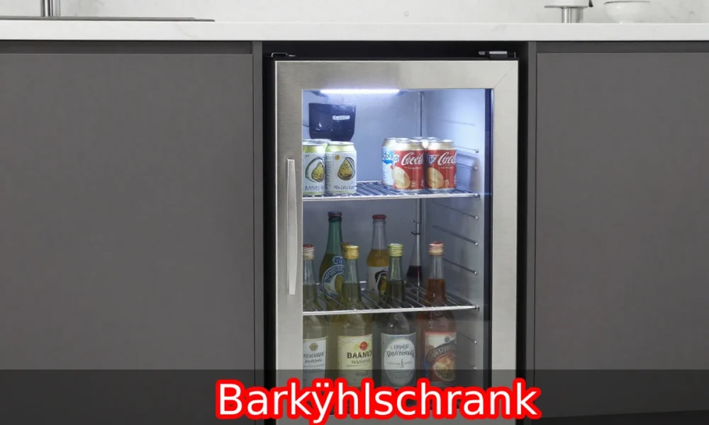 Barkÿhlschrank under-counter bar fridge with glass door, LED lighting, and chilled beverages on stainless shelves.